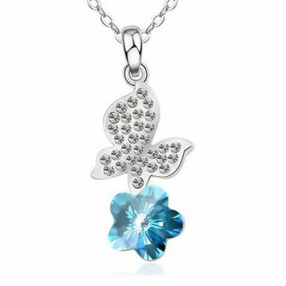 Silver Chain Necklace & Blue Rhinestone